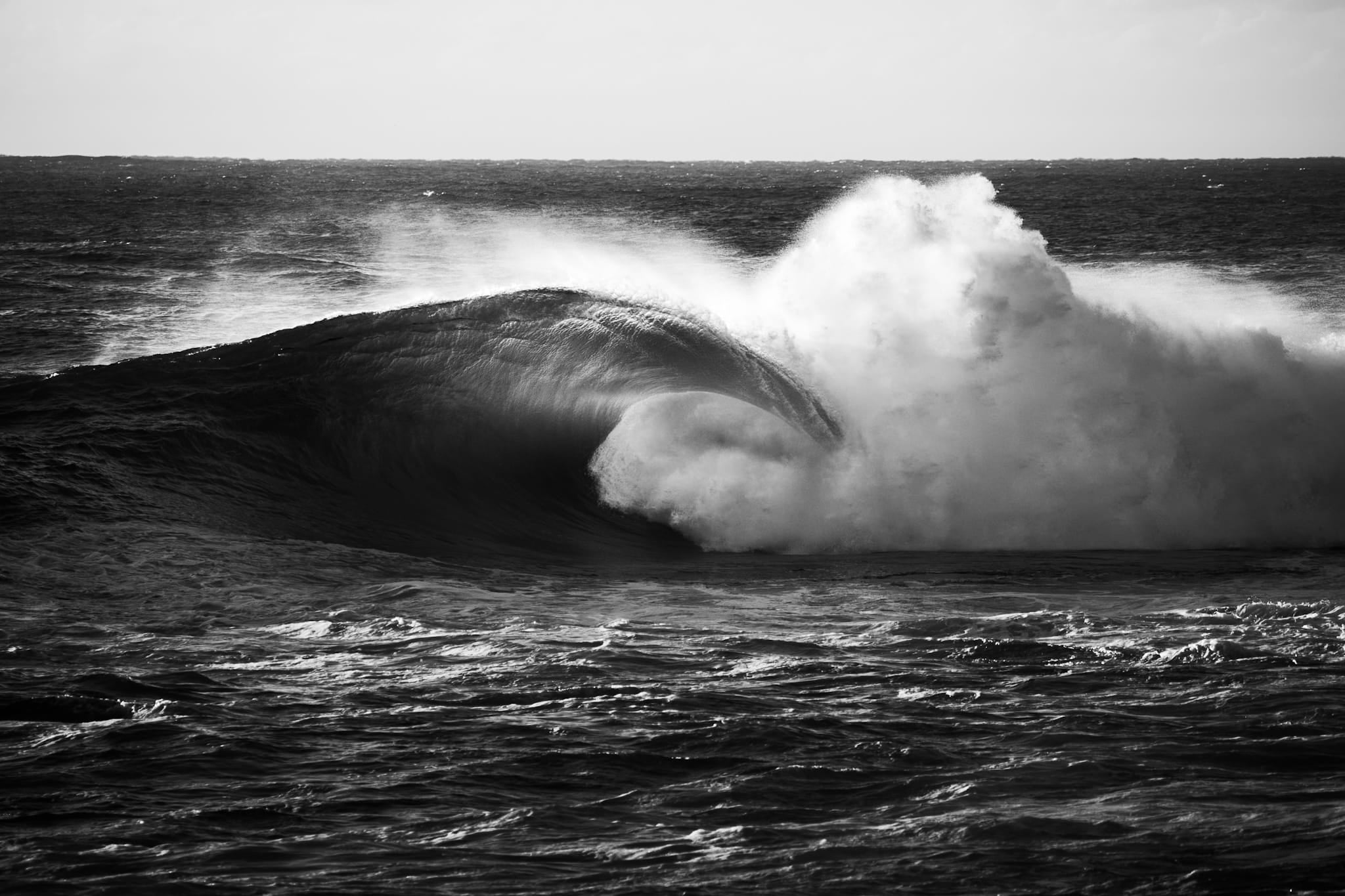 Black and white photograph of a large hollow wave breaking at Cape Solander with a clean pitching lip.